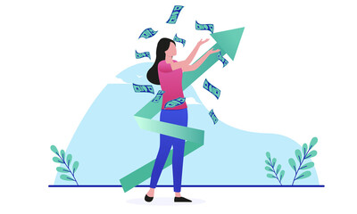 Financial growth woman - Female person with money and green arrow pointing up. Making money concept flat design vector illustration with white background