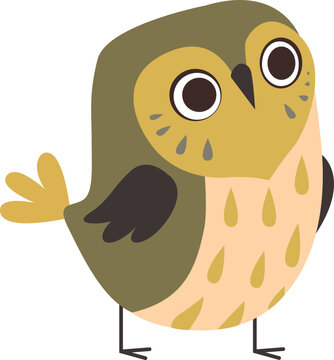 Funny Little Owl with Large Eyes and Beak as Woodland Bird with Wings. Flying Forest Feathered Creature