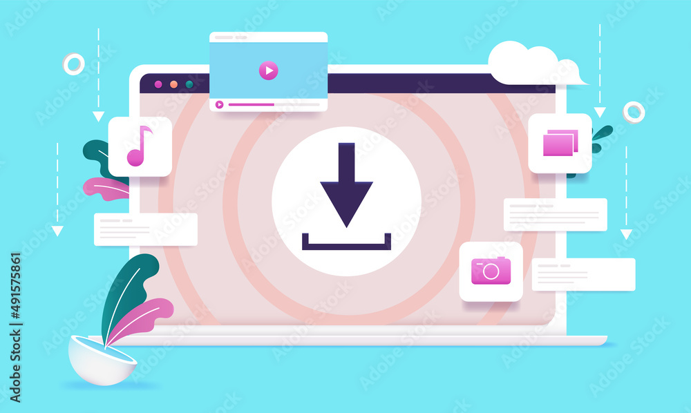 Poster downloading files online - laptop computer with internet download icon and design elements, vector i