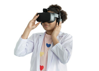Afro hair girl use VR grass on white background 
