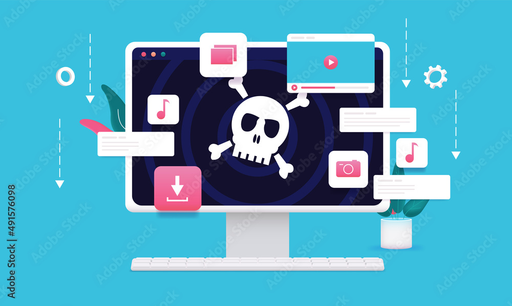 Poster internet piracy - computer with pirate skull on screen and file download icons. vector illustration