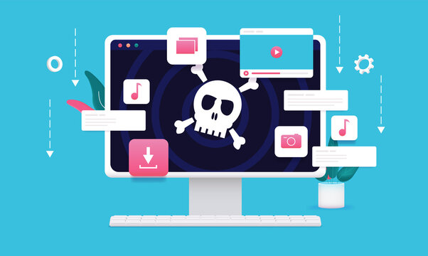 Internet piracy - Computer with pirate skull on screen and file download icons. Vector illustration