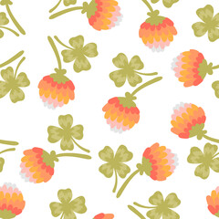 Four leaf clover with pink flower vector seamless pattern. Lucky clover four petals cartoon texture. Shamrock for St. Patrick's Day, Cute hand drawn floral background for fabric, wallpaper, wrap paper