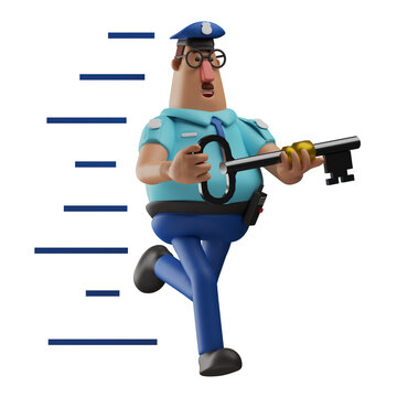 Police Officer 3D Cartoon Picture with running poses while holding key