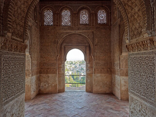 View of the interior of The Generalife, Alhambra Granada. Detail of filigree walls, Moorish...