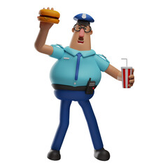 3D Police Officer Cartoon Illustration holding a burger and cola