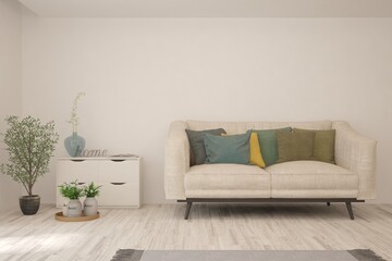 White living room with sofa. Scandinavian interior design. 3D illustration