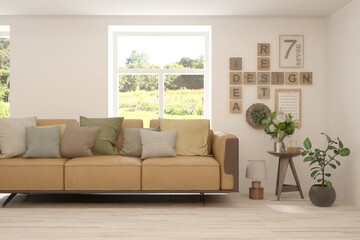 White living room with sofa and summer landscape in window. Scandinavian interior design. 3D illustration