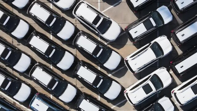 Market of new cars in Vladivostok. Customs cleared cars in the port. View from above. New cars.