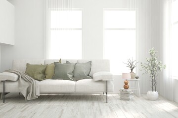 White living room with sofa. Scandinavian interior design. 3D illustration