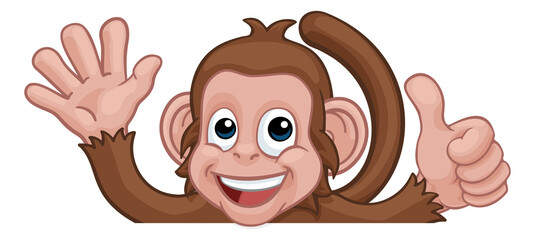 Monkey Cartoon Animal Behind Sign Thumbs Up Waving