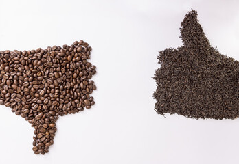 On a white background,human hands are lined with tea leaves and coffee
