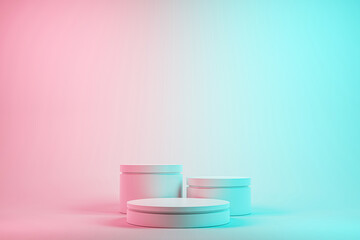 3 step white cylinder podium on pastel studio, blue and pink background,  minimal concept,  showcase for product. 3D render