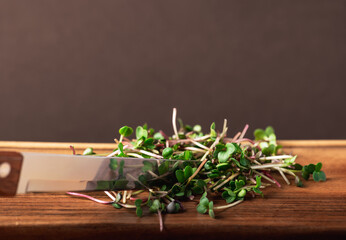 a knife cuts radish microgreens on a wooden board. healthy food, healthy food.