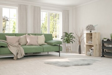 White living room with sofa and summer landscape in window. Scandinavian interior design. 3D illustration