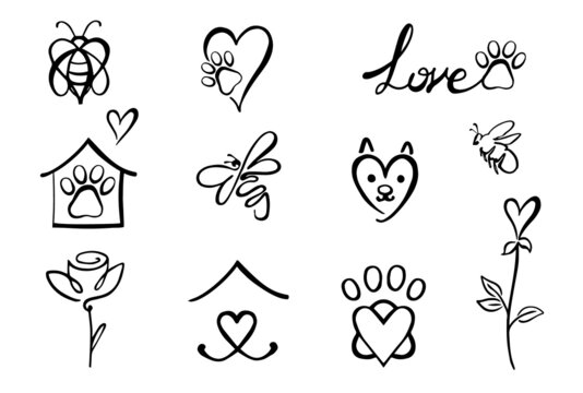 Vector simple line logo icon set. Pet, bee and plant love. Cat, dog, flower, heart abstract line elements. Cute outline design for veterinary store or clinic black and white concept illustration.