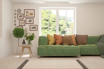 Minimalist living room in white color with sofa and summer landscape in window. Scandinavian interior design. 3D illustration