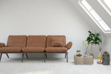 Fototapeta premium White living room with sofa. Scandinavian interior design. 3D illustration