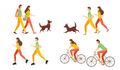 People doing various outdoor activities in spring. Vector illustration in a flat style. 