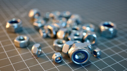 Screw nut in different sizes. Steel nut. Focus is on the front.
