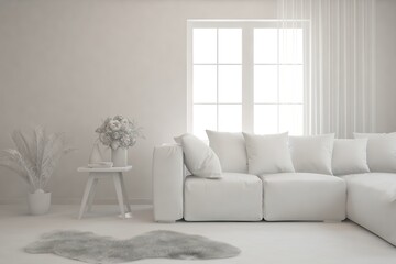 Mock up of minimalist living room in white color with sofa. Scandinavian interior design. 3D illustration