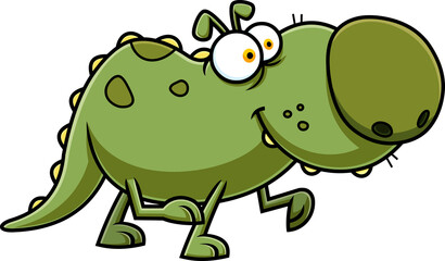 Cute Green Dino Dog Cartoon Character Walking. Vector Hand Drawn Illustration Isolated On White Background