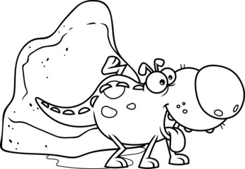 Outlined Dino Dog Cartoon Character Marking His Territory. Vector Hand Drawn Illustration Isolated On White Background