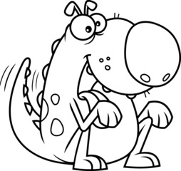 Outlined Happy Dino Dog Cartoon Character Begging. Vector Hand Drawn Illustration Isolated On White Background