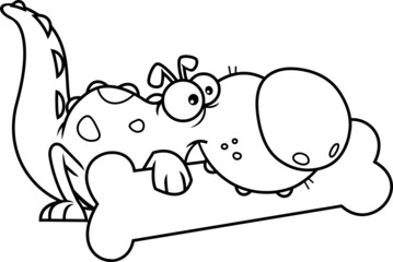 Outlined Cute Dino Dog Cartoon Character Gnawing On Bone. Vector Hand Drawn Illustration Isolated On White Background