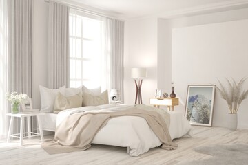 White bedroom interior. Scandinavian design. 3D illustration