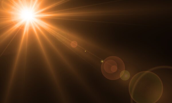 Optical Flare Orange Warm Lighting with Camera lens Effect. Shiny Gold Light Overlay Abstract in dark Background 