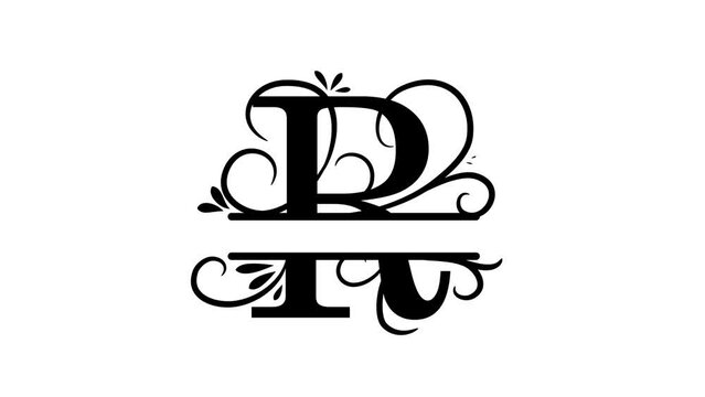 Letter R. Animated logo. Monogram, split letter R. Vintage style, twigs and leaves appear at logo. Letter on transparent background. You can insert a logo on any of your videos. Animation vector