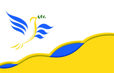 linear silhouette dove with a olive branch in the colors of the Ukrainian flag. Pigeon Dove Birds in shape of ukrainian flag blue and yellow in the struggle for peace over waves. Support Ukraine. 