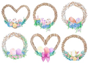 Set of Easter wreath watercolor. Watercolor illustrations.