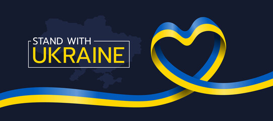 stand with ukraine text on map of ukraine and ribbon nation flag roll wave make heart shape vector design - obrazy, fototapety, plakaty