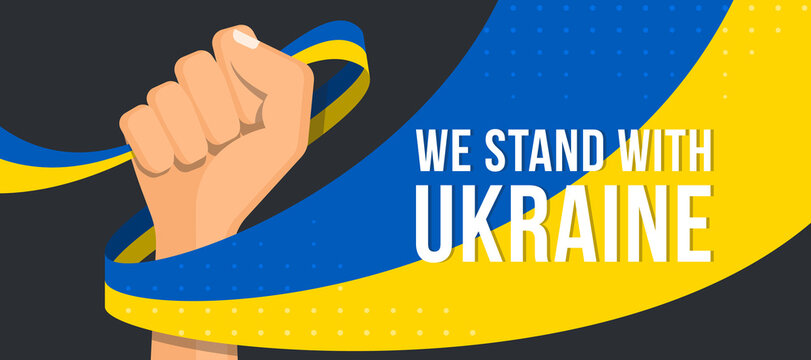 We stand with ukraine text on Raised Hand and holding long ukraine flag vector design