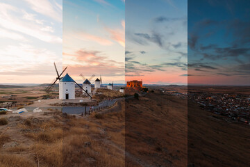 Consuegra, Toledo, Spain. Castilla La Mancha windmills. Split image, same landscape with different light. Same shot at different hour. - obrazy, fototapety, plakaty