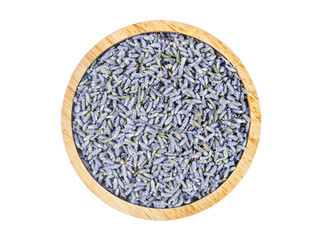 Dry lavender flowers in wooden bowl isolated on white background.