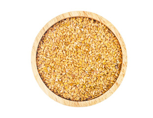 The Gold Flax seed in wooden bowl isolated on white background.