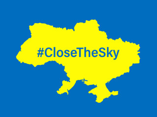 Close the sky over Ukraine graphy map banner. No fly zone over Ukraine. Conceptual vector illustration