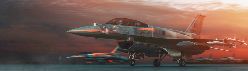 military jet aircraft parked on runway in sunset.