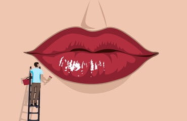 man painting lips with red colour. It is used for magazine covers, website intro pages, fashion products, lipstick advertisement and cover pages.