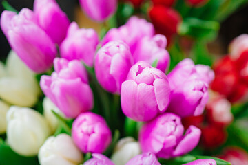 bouquets of pink tulips viewed from above. sale of flowers and bouquets. floristry and making bouquets to order. international women's day. mother's day. valentine's day 