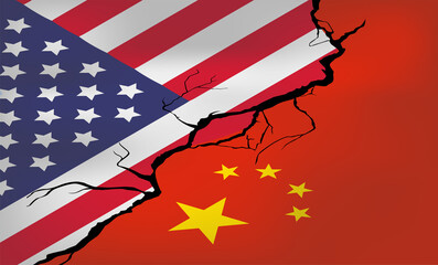 Isometric vector. Flags of China and the United States of America on a background of cracks. Crisis in relations between countries. economic war. Political dialogue and meeting of the presidents. 