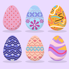 Happy Easter illustration. Happy Easter eggs. Set of Easter eggs with different textured patterns on purple background. spring break.
