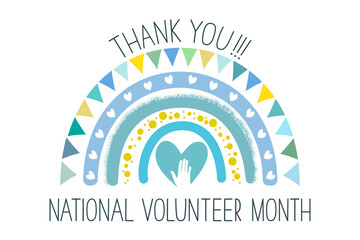 National Volunteer Month greeting concept. Cute rainbow, text "thank you", heart and hand on white, vector.	