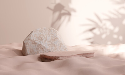 Stone podium on sand background for product presentation. Natural beauty pedestal, earth tone colour, relaxation concept, 3d illustration