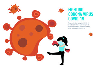 A powerful girl wear medical mask kick Corona virus ball vector