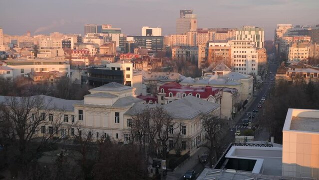 Bucharest from above during a winter sunrise. 4k video with the main landmarks from Calea Victoriei in Bucharest, Romania, filmed in the morning.