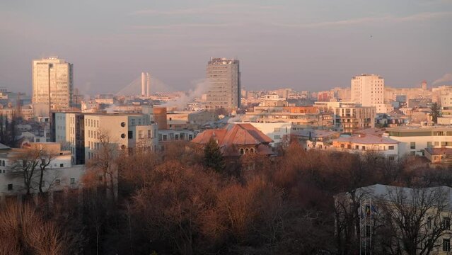 Bucharest from above during a winter sunrise. 4k video with the main landmarks from Calea Victoriei in Bucharest, Romania, filmed in the morning.